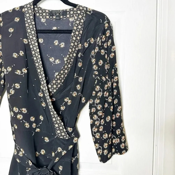 ALL SAINTS US 4 Alva Fraise Kimono Dress 100% Silk Black Yellow Red Floral Print - Picture 5 of 8